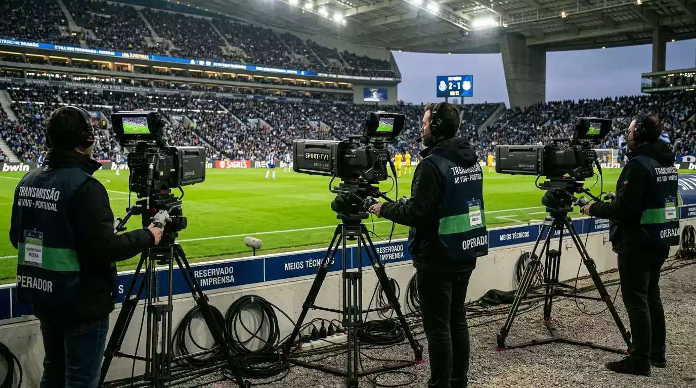 Câmaras de televisão a captar um jogo da Liga Portugal a partir das bancadas do estádio