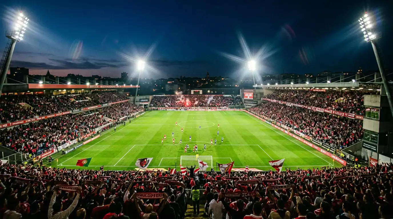 Estádio de futebol português iluminado durante jogo noturno da Primeira Liga
