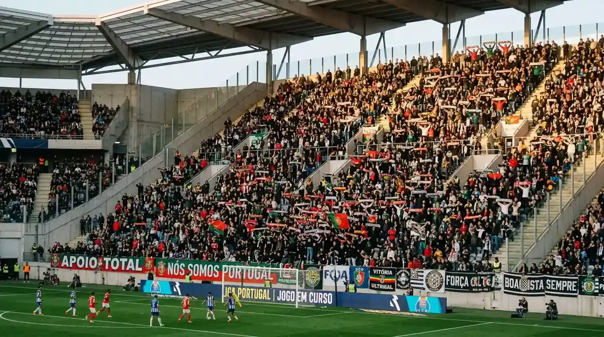 Bancadas de um estádio da Primeira Liga preenchidas por adeptos durante uma jornada noturna