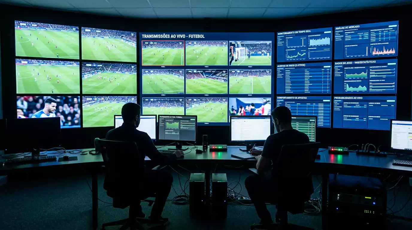 Sala de controlo com múltiplos ecrãs a monitorizar jogos de futebol em tempo real